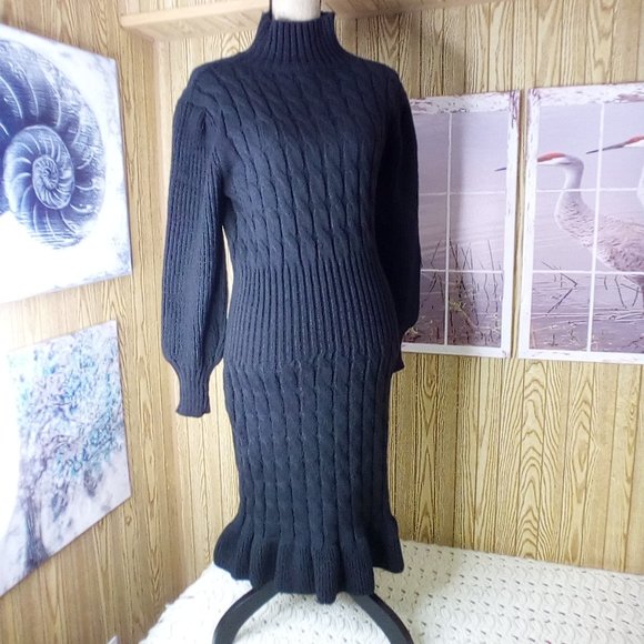 Women's Turtleneck Ribbed Elbow Long Sleeve Knit Sweater Dress - Picture 2 of 8